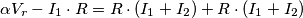 \alpha V_r-I_1\cdot R=R \cdot (I_1+I_2)+R \cdot (I_1+I_2)