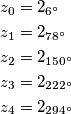 \begin{align}
& z_0=2_{6^\circ}\\
& z_1=2_{78^\circ}\\
&z_2=2_{150^\circ}\\
&z_3=2_{222^\circ}\\
&z_4=2_{294^\circ}
\end{align}