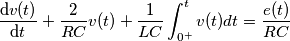 \frac{\mathrm{d} v(t)}{\mathrm{d} t}+\frac{2}{RC}v(t)+\frac{1}{LC}\int_{0^{+}}^{t}v(t)dt=\frac{e(t)}{RC} \frac{\mathrm{d} v(t)}{\mathrm{d} t}+\frac{2}{RC}v(t)+\frac{1}{LC}\int_{0^{+}}^{t}v(t)dt=\frac{e(t)}{RC}