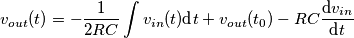 v_{out}(t)=-\frac{1}{2RC}\int v_{in}(t) \text{d}t + v_{out}(t_0)-RC\frac{\text{d}v_{in}}{\text{d}t} v_{out}(t)=-\frac{1}{2RC}\int v_{in}(t) \text{d}t + v_{out}(t_0)-RC\frac{\text{d}v_{in}}{\text{d}t}