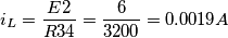 \[i_L=\frac{E2}{R34}=\frac{6}{3200}=0.0019A\]