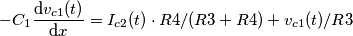 \[-C_{1}\frac{\mathrm{d} v_{c1}(t)}{\mathrm{d} x}= I_{c2}(t)\cdot R4/(R3+R4)+v_{c1}(t)/R3\]