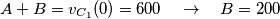 A+B={{v}_{{{C}_{1}}}}(0)=600\quad \to \quad B=200 A+B={{v}_{{{C}_{1}}}}(0)=600\quad \to \quad B=200
