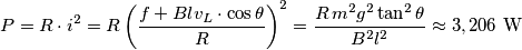 P=R\cdot i^{2}=R\left( \frac{f+Blv_{L}\cdot \cos \theta }{R} \right)^{2}=\frac{R\,m^{2}g^{2}\tan ^{2}\theta }{B^{2}l^{2}}\approx 3,206\,\,\text{W}