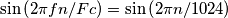 \sin\left( 2 \pi fn / Fc \right)=\sin\left( 2 \pi n / 1024\right) \sin\left( 2 \pi fn / Fc \right)=\sin\left( 2 \pi n / 1024\right)