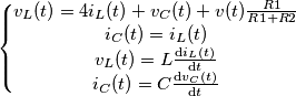 \left\{\begin{matrix}
v_L(t)=4i_L(t)+v_C(t)+v(t)\frac{R1}{R1+R2} &  & \\ 
 i_C(t)=i_L(t)&  & \\ 
v_L(t) = L\frac{\mathrm{d}i_L(t) }{\mathrm{d} t} &  & \\ 
i_C(t)=C\frac{\mathrm{d} v_C(t)}{\mathrm{d} t} &  & 
\end{matrix}\right.