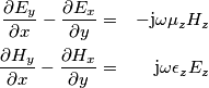 \begin{aligned}
\frac{\partial E_y}{\partial x}-\frac{\partial E_x}{\partial y}&=&-\mathrm{j}\omega\mu_z H_z \\
%
\frac{\partial H_y}{\partial x}-\frac{\partial H_x}{\partial y}&=&\mathrm{j}\omega\epsilon_z E_z
\end{aligned} \begin{aligned}
\frac{\partial E_y}{\partial x}-\frac{\partial E_x}{\partial y}&=&-\mathrm{j}\omega\mu_z H_z \\
%
\frac{\partial H_y}{\partial x}-\frac{\partial H_x}{\partial y}&=&\mathrm{j}\omega\epsilon_z E_z
\end{aligned}