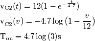 \begin{align}
&\text{v}_{\text{C2}}(t)=12(1-e^{-\frac{t}{4.7}}) \\
&\text{v}^{-1}_{\text{C2}}(v)=-4.7\log{\big(1-\frac{v}{12}\big)} \\
&\text{T}_{\text{on}}=4.7\log{(3)}\text{s}
\end{align} \begin{align}
&\text{v}_{\text{C2}}(t)=12(1-e^{-\frac{t}{4.7}}) \\
&\text{v}^{-1}_{\text{C2}}(v)=-4.7\log{\big(1-\frac{v}{12}\big)} \\
&\text{T}_{\text{on}}=4.7\log{(3)}\text{s}
\end{align}