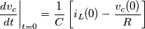 \left  \frac {dv_c}{dt} \right |_{t=0} = \frac{1}{C} \left [ i_L(0)- \frac{v_c(0)}{R} \right ]