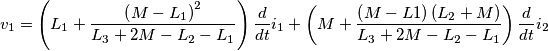 v_{1} = \left(L_{1}+\frac{\left(M-L_{1}\right)^{2}}{L_{3}+2M-L_{2}-L_{1}}\right) \frac{d}{dt}i_{1} + \left(M+\frac{\left(M-L{1}\right) \left(L_{2}+M\right)}{L_{3}+2M-L_{2}-L_{1}}\right) \frac{d}{dt}i_{2}