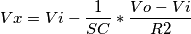 Vx= Vi-\frac{1}{SC}*\frac{Vo-Vi}{R2} Vx= Vi-\frac{1}{SC}*\frac{Vo-Vi}{R2}
