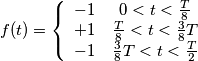 f(t) = \left\{ {\begin{array}{*{20}{c}}
{ - 1}&{0 < t < \frac{T}{8}}\\
{ + 1}&{\frac{T}{8} < t < \frac{3}{8}T}\\
{ - 1}&{\frac{3}{8}T < t < \frac{T}{2}}
\end{array}} \right