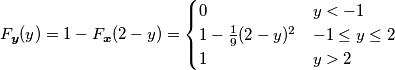 F_{\boldsymbol{y}}(y) = 1-F_{\boldsymbol{x}}(2- y) = \begin{cases}
0 & y < -1 \\
1-\frac{1}{9}(2-y)^2 & -1 \le y \le 2 \\
1 & y > 2
\end{cases}