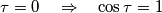 \tau=0\quad\Rightarrow\quad \cos\tau=1