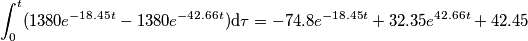 \int_0^t (1380 e^{-18.45t} - 1380e^{-42.66t}) \text{d}\tau=-74.8e^{-18.45t}+32.35e^{42.66t}+42.45