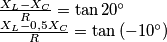 \begin{array}{l}
\frac{{{X_L} - {X_C}}}{R} = \tan 20^\circ \\
\frac{{{X_L} - 0,5{X_C}}}{R} = \tan \left( { - 10^\circ } \right)
\end{array}
