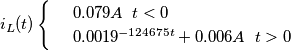 \[i_L(t)\begin{cases} & \ 0.079A\; \; t<0 \\ & \ 0.0019^{-124675t}+0.006A\; \; t>0 \end{cases}\]