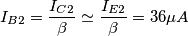 I_{B2} = \frac{I_{C2}}{\beta} \simeq \frac{I_{E2}}{\beta} = 36\mu A I_{B2} = \frac{I_{C2}}{\beta} \simeq \frac{I_{E2}}{\beta} = 36\mu A