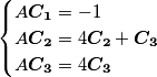\begin{cases}
A\boldsymbol{C_1}=-1 \\
A\boldsymbol{C_2}=4\boldsymbol{C_2}+\boldsymbol{C_3} \\
A\boldsymbol{C_3}=4\boldsymbol{C_3} \end{cases} \begin{cases}
A\boldsymbol{C_1}=-1 \\
A\boldsymbol{C_2}=4\boldsymbol{C_2}+\boldsymbol{C_3} \\
A\boldsymbol{C_3}=4\boldsymbol{C_3} \end{cases}