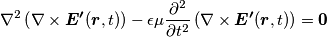 \begin{equation*}
\nabla^2\left(\nabla \times \boldsymbol{E^ \prime }(\boldsymbol{r},t)\right) - \epsilon \mu \frac{\partial^2}{\partial t^2} \left(\nabla \times \boldsymbol{E^ \prime }(\boldsymbol{r},t)\right) = \boldsymbol{0} \hspace{2cm}
\end{equation*}